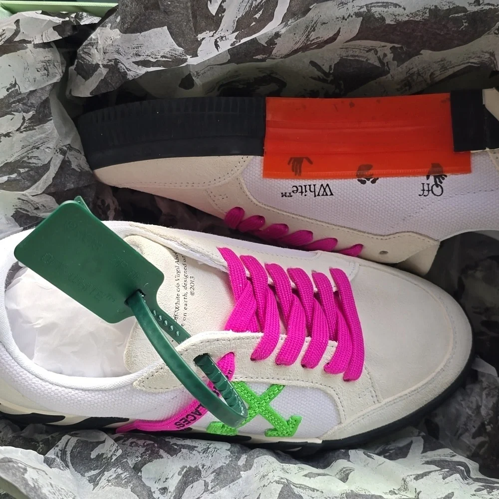 OFF WHITE, Low Vulcanized Sneaker, Men's, White/Magenta/Lime Green Canas & Suede